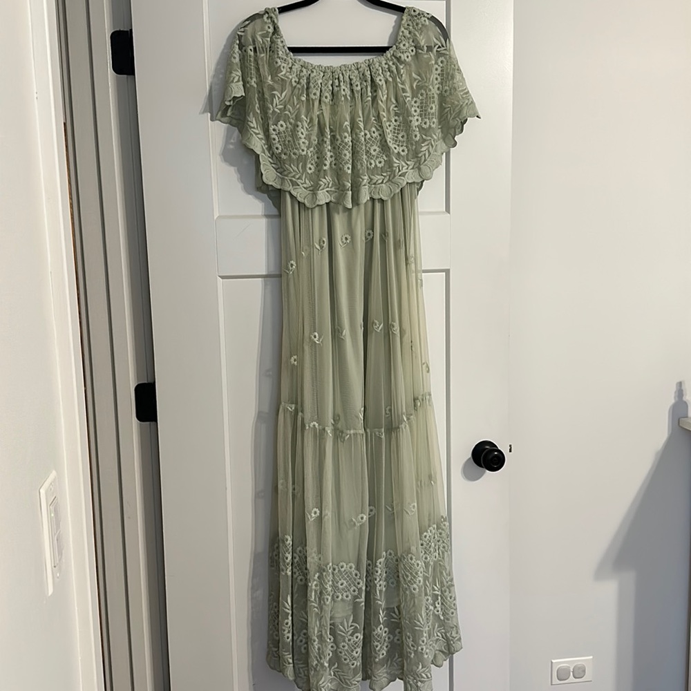 PinkBlush Light Green Lace Overlay Off Shoulder Maxi Dress